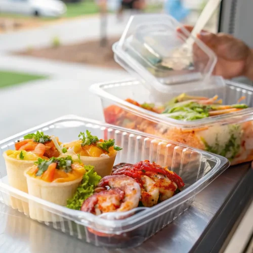 Deux barquettes transparentes remplies de formules repas : une première barquette avec trois verrines apéritives et des bouchées roulées sur lit de salade, une seconde avec une salade de légumes frais et des bouchées variées.